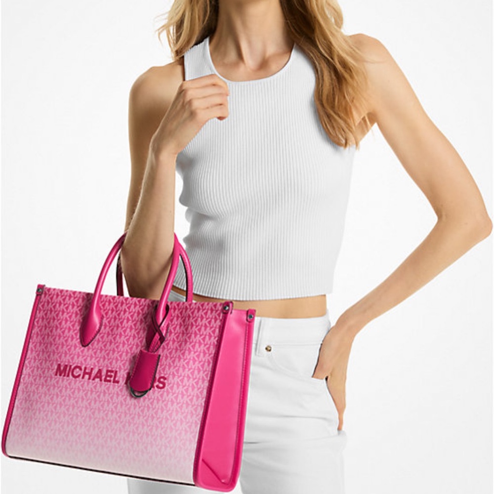 Michael Kors Mirella Medium Ombré Logo EW Tote Bag 
Dragonfruit 
NWT - Picture 3 of 14